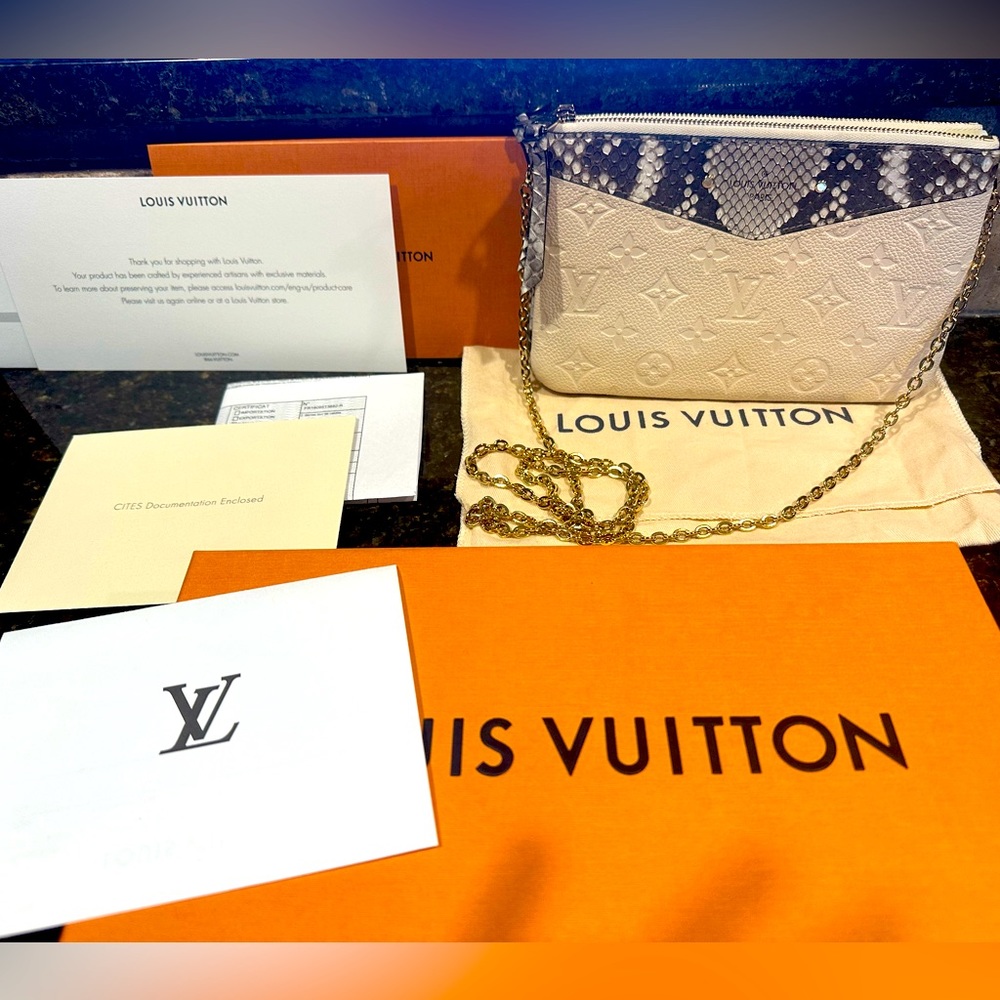 Louis Vuitton Double Zip Pochette in Snakeskin and white stamped canvas